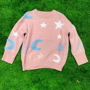 Soft stars and moon pink, baby blue, and white sweater 🌙⭐️